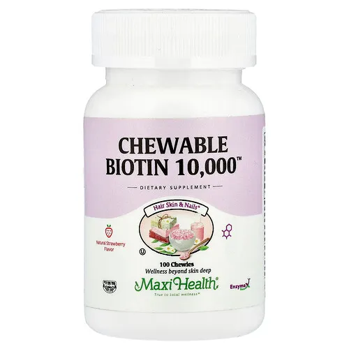 Maxi Health, Masticables Biotin 10.000™, Fresa natural, 10.000 mcg, 100 comprimidos masticables