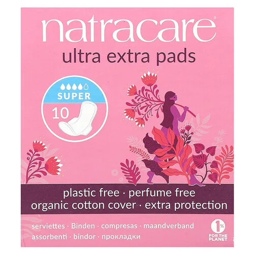 Natracare, Toallas femeninas ultrafinas extra, Orgánicas y naturales, Súper, 10 toallas
