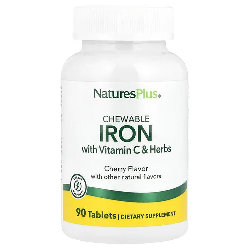 NaturesPlus, Hierro en comprimidos masticables de alta potencia con vitamina C y hierbas, Cereza, 90 comprimidos