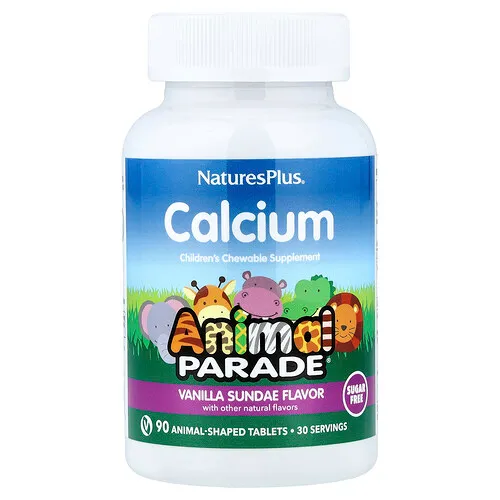 NaturesPlus, Animal Parade®, Calcio, Suplemento masticable para niños, Helado de vainilla, 90 comprimidos con forma de animales