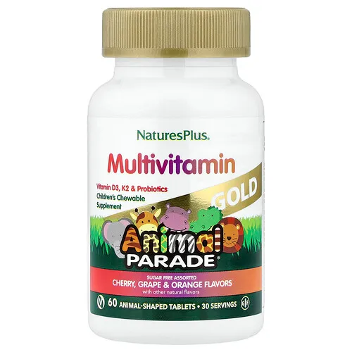 NaturesPlus, Animal Parade® Gold, Suplemento multivitamínico masticable para niños, Cereza, uva y naranja, 60 comprimidos con forma de animales