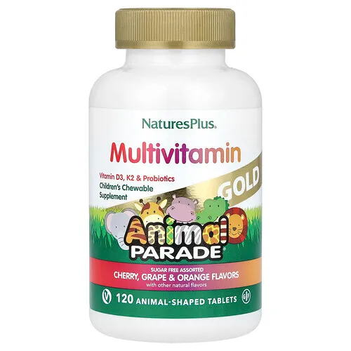 NaturesPlus, Animal Parade® Gold, Suplemento multivitamínico masticable para niños, Cereza, uva y naranja, 120 comprimidos con forma de animales