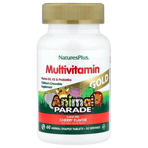 NaturesPlus, Animal Parade® Gold, Suplemento multivitamínico masticable para niños, Cereza, 60 comprimidos con forma de animales