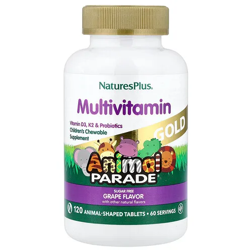 NaturesPlus, Animal Parade® Gold, Suplemento multivitamínico masticable para niños, Uva, 120 comprimidos con forma de animales