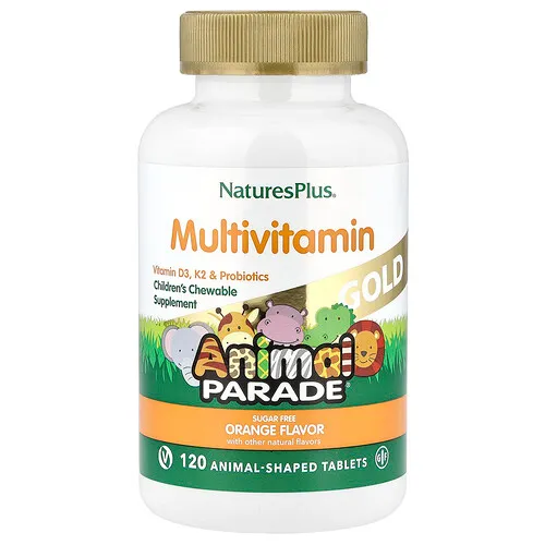 NaturesPlus, Animal Parade® Gold, Suplemento multivitamínico masticable para niños, Naranja, 120 comprimidos con forma de animales