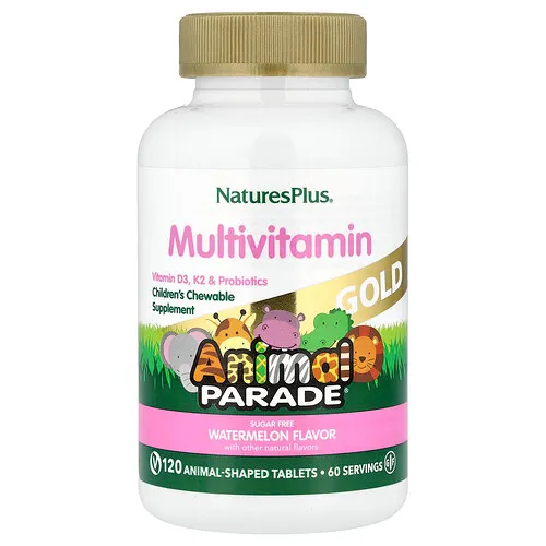 NaturesPlus, Animal Parade® Gold, Suplemento multivitamínico masticable para niños, Sandía, 120 comprimidos con forma de animales