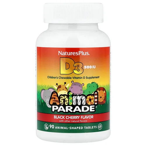 NaturesPlus, Animal Parade®, Vitamina D3, Cereza negra, 12,5 mcg (500 UI), 90 comprimidos con forma de animales