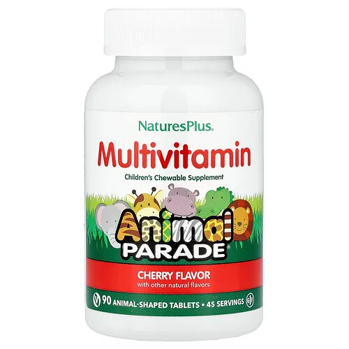 NaturesPlus, Animal Parade®, Suplemento multivitamínico masticable para niños, Cereza, 90 comprimidos con forma de animales