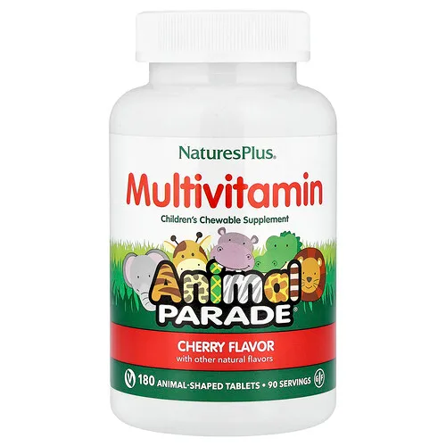 NaturesPlus, Animal Parade®, Suplemento multivitamínico masticable para niños, Cereza, 180 comprimidos con forma de animales