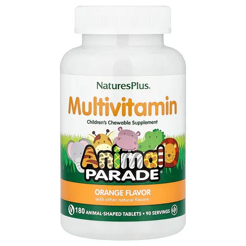 NaturesPlus, Animal Parade®, Suplemento multivitamínico masticable para niños, Naranja, 180 comprimidos con forma de animales