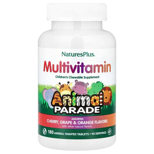 NaturesPlus, Animal Parade®, Suplemento multivitamínico masticable para niños, Cereza, uva y naranja, 180 comprimidos con forma de animales