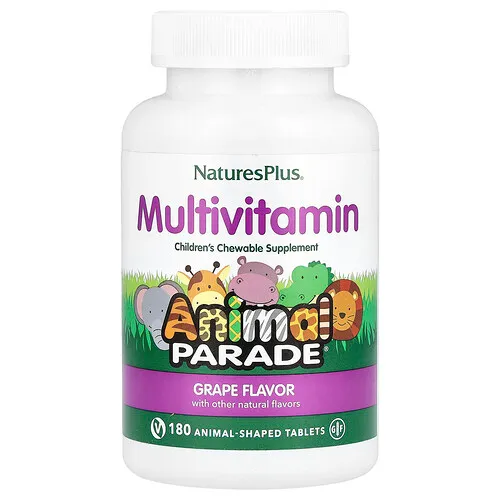 NaturesPlus, Animal Parade®, Suplemento multivitamínico masticable para niños, Uva, 180 comprimidos con forma de animales