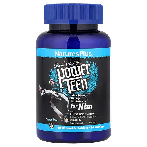 NaturesPlus, Source of Life, Power Teen® para varones, Sin azúcar, Bayas silvestres, 60 comprimidos masticables