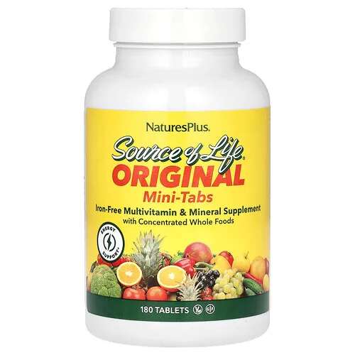NaturesPlus, Source of Life, Minicomprimidos originales, Suplemento multivitamínico y mineral con alimentos integrales concentrados, Sin hierro, 180 comprimidos