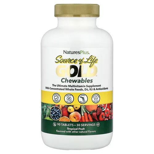 NaturesPlus, Source of Life Gold®, Comprimidos masticables, Frutas tropicales, 90 comprimidos