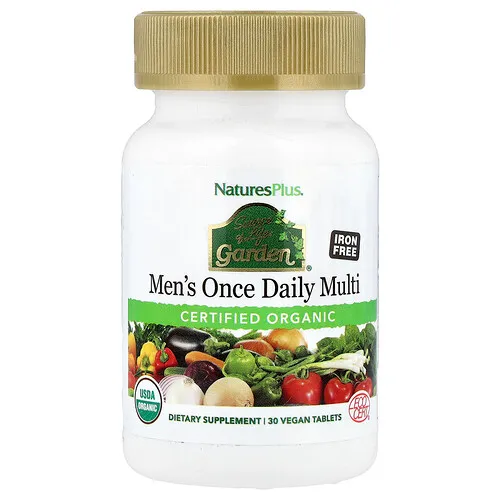 NaturesPlus, Source of Life Garden®, Suplemento multivitamínico orgánico de una ingesta diaria para hombres, Sin hierro, 30 comprimidos veganos
