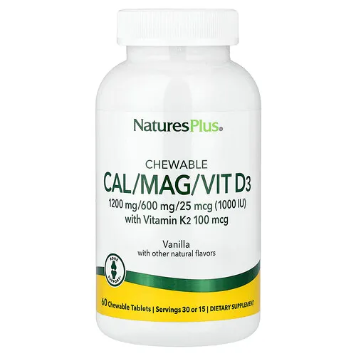NaturesPlus, Comprimidos masticables con contenido calórico, magnésico y de vitamina D3 con vitamina K2, Vainilla, 60 comprimidos masticables