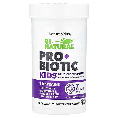 NaturesPlus, GI Natural®, Suplemento probiótico para niños, Bayas mixtas, 30 comprimidos masticables