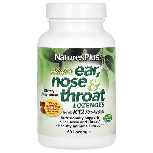 NaturesPlus, Pastillas para los oídos, la nariz y la garganta con probióticos K12 para adultos, Cereza y bayas tropicales naturales, 60 pastillas