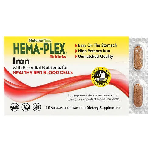 NaturesPlus, Hema-Plex®, Hierro con nutrientes esenciales para favorecer la salud de los glóbulos rojos, 10 comprimidos de liberación lenta