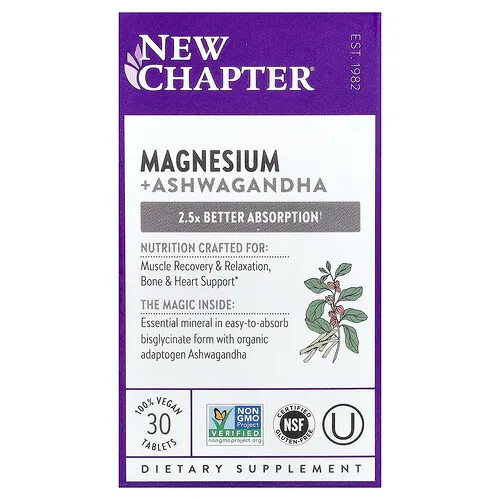 New Chapter, Magnesio y ashwagandha, 30 comprimidos veganos
