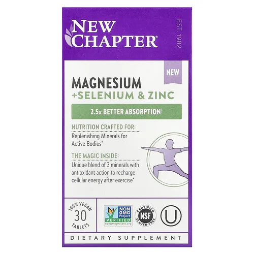 New Chapter, Magnesio, selenio y zinc, 30 comprimidos veganos