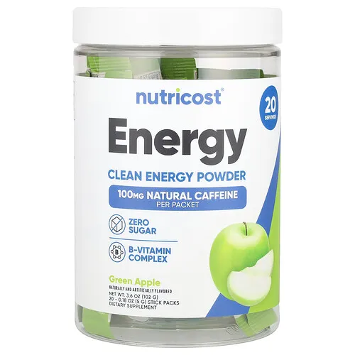 Nutricost, Energía, Energía limpia en polvo, Manzana verde, 20 sobrecitos, 5 g (0,18 oz) cada uno
