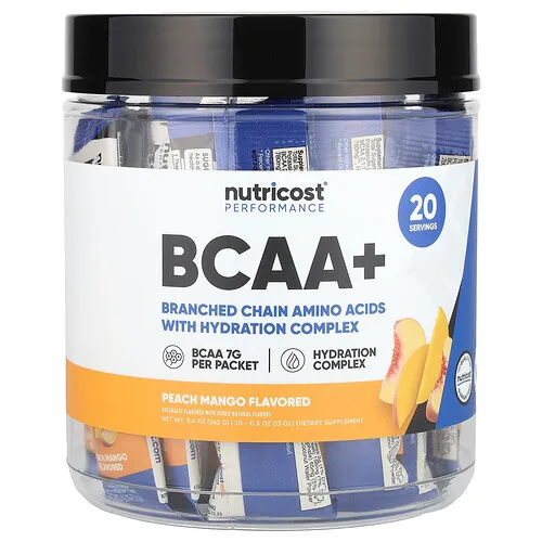 Nutricost, Performance, BCAA+, Melocotón y mango, 20 sobres, 13 g (0,5 oz) cada uno