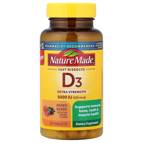 Nature Made, D3 de disolución rápida, Bayas mixtas, 125 mcg (5000 UI), 70 comprimidos
