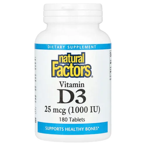 Natural Factors, Vitamina D3, 25 mcg (1000 UI), 180 comprimidos