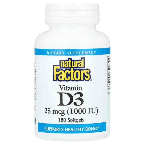 Natural Factors, Vitamina D3, 25 mcg (1000 UI), 180 cápsulas blandas