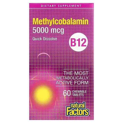Natural Factors, Metilcobalamina, Vitamina B12, 5000 mcg, 60 comprimidos masticables