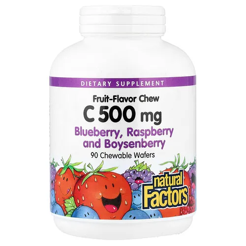 Natural Factors, Vitamina C masticable con sabor a frutas, Arándano azul, frambuesa y baya de Boysen, 500 mg, 90 obleas masticables