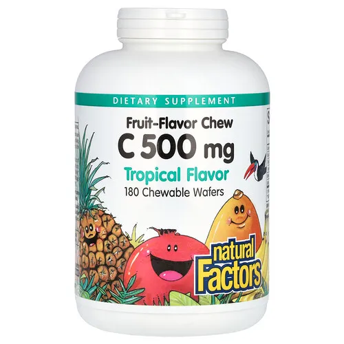 Natural Factors, Vitamina C, Masticables con sabor a frutas, Tropical, 500 mg, 180 obleas masticables