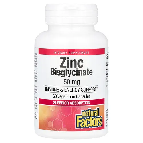 Natural Factors, Bisglicinato de zinc, 50 mg, 60 cápsulas vegetales