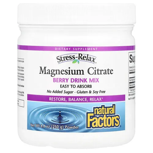 Natural Factors, Stress-Relax®, Citrato de magnesio en polvo, Mezcla para preparar bebidas con sabor a bayas, 250 g (8,8 oz)