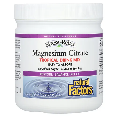 Natural Factors, Stress-Relax®, Citrato de magnesio en polvo, Mezcla para preparar bebidas con sabor tropical, 250 g (8,8 oz)