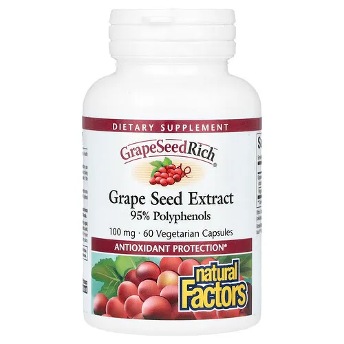 Natural Factors, Extracto de semilla de uva, 100 mg, 60 cápsulas vegetales
