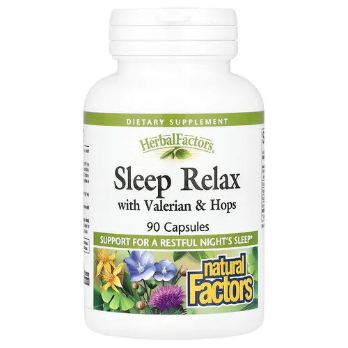 Natural Factors, Herbal Factors®, Sueño y relajación con valeriana y lúpulo, 90 cápsulas