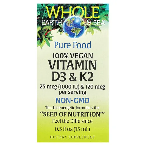 Natural Factors, Whole Earth Sea®, Vitaminas D3 y K2 100 % veganas, 15 ml (0,5 oz. líq.)