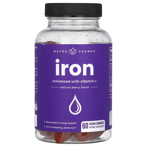 NutraChamps, Gomitas con hierro, Mejoradas con vitamina C, Bayas naturales, 60 gomitas veganas
