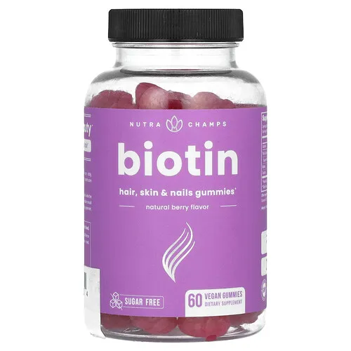 NutraChamps, Biotina, Gomitas para el cabello, la piel y las uñas, Sin azúcar, Bayas naturales, 60 gomitas veganas (5000 mcg por gomita)