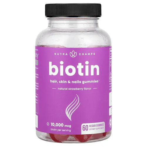 NutraChamps, Gomitas de biotina, Fresa natural, 10.000 mcg, 60 gomitas veganas (5000 mcg por gomita)