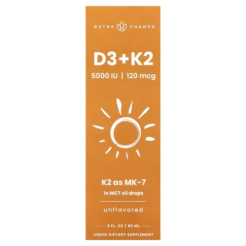 NutraChamps, Gotas líquidas D3 + K2, sin sabor, 60 ml (2 oz. Líq.)