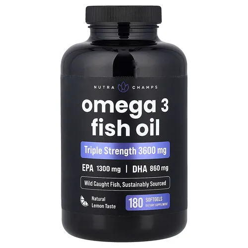 NutraChamps, Aceite de pescado con omega-3, Limón natural, 180 cápsulas blandas (1200 mg por cápsula blanda)