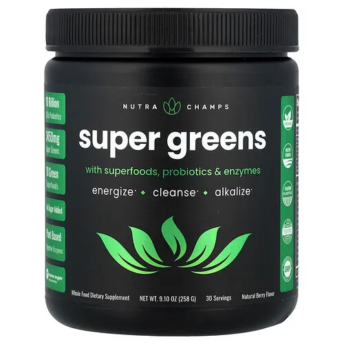 NutraChamps, Superverduras de hoja Con superalimentos, probióticos y enzimas, Bayas naturales, 258 g (9,10 oz)