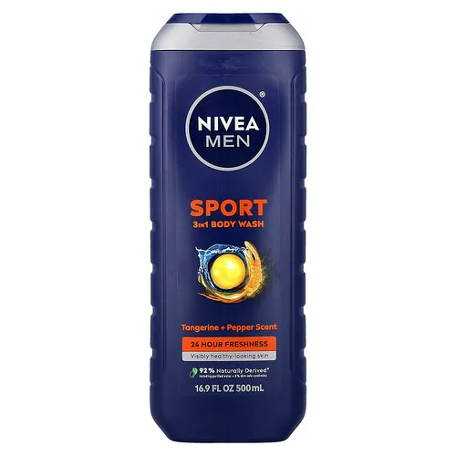 Nivea, Hombres, Jabón líquido deportivo 3 en 1 para el cuerpo, Mandarina y pimienta, 500 ml (16,9 oz. líq.)