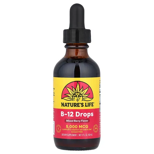 Nature's Life, Vitamina B12 en gotas, Sin azúcar, Bayas mixtas, 5000 mcg, 60 ml (2 oz. líq.)