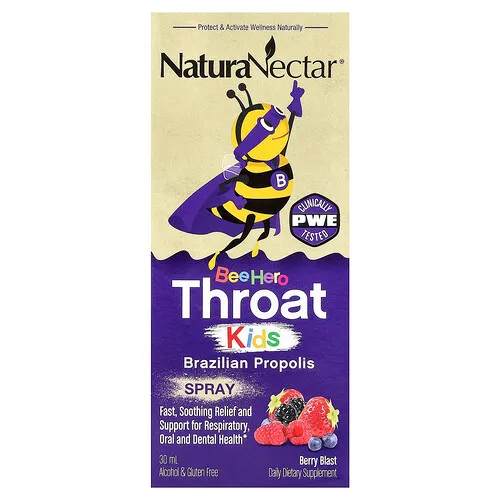 NaturaNectar, Bee Hero Throat Kids, Spray de propóleo brasileño, Explosión de bayas, 30 ml