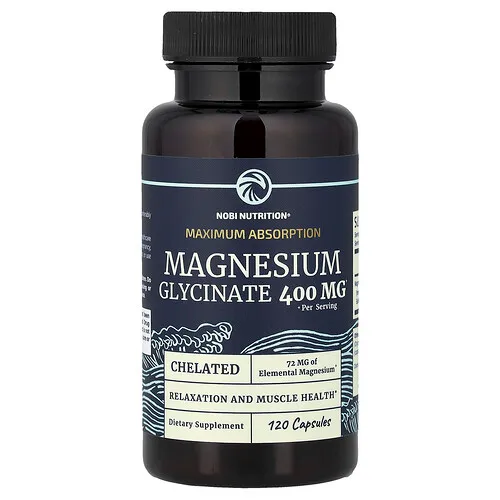 Nobi Nutrition, Glicinato de magnesio, Máxima absorción, 120 cápsulas (200 mg por cápsula)